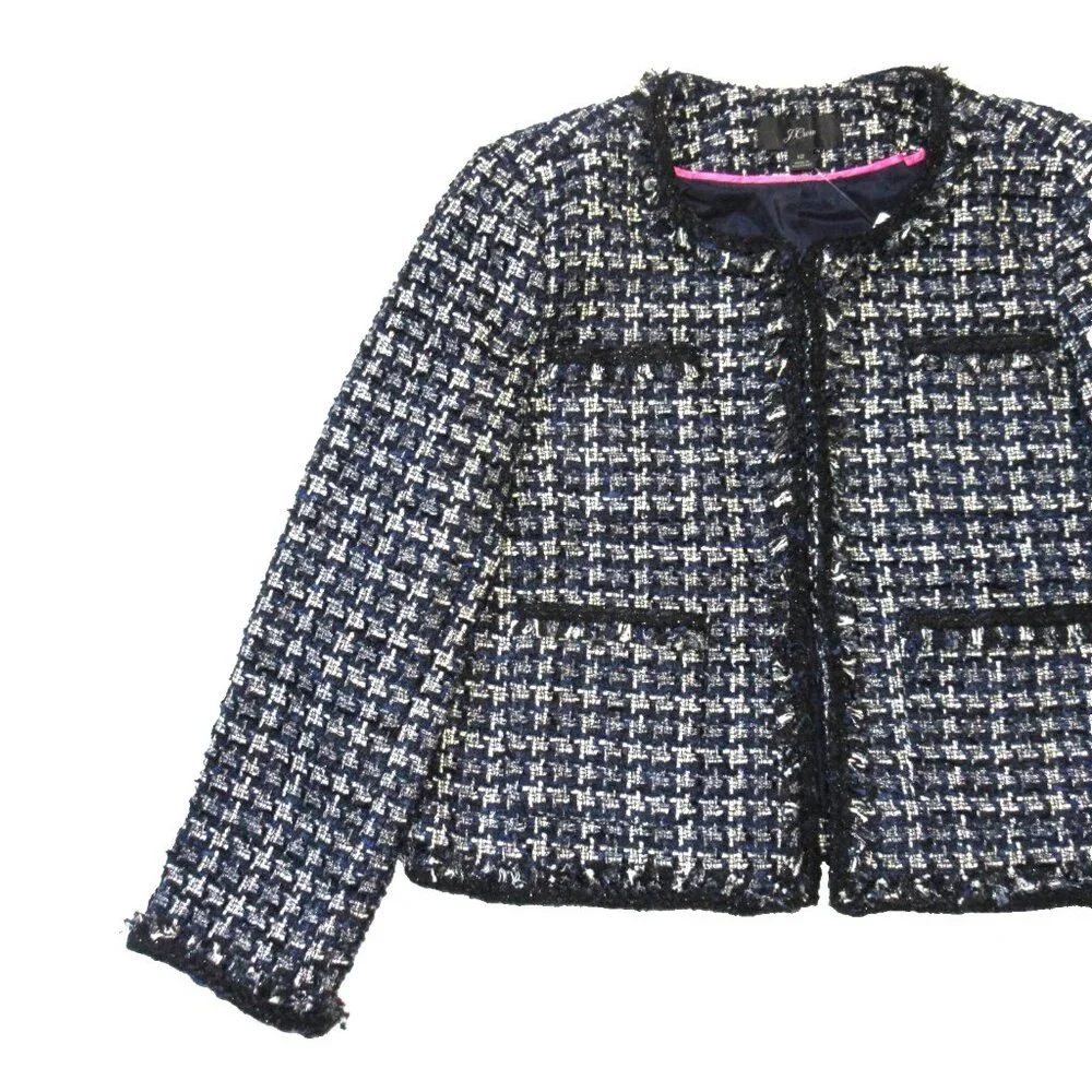 NWT J.Crew Lady Jacket in Navy Ivory Black Metallic Houndstooth Blazer 12